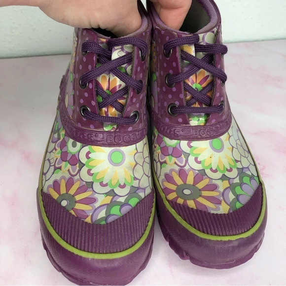 Bogs boots ankle rainboots Charlot purple floral waterproof size 2 little girl - Picture 4 of 14